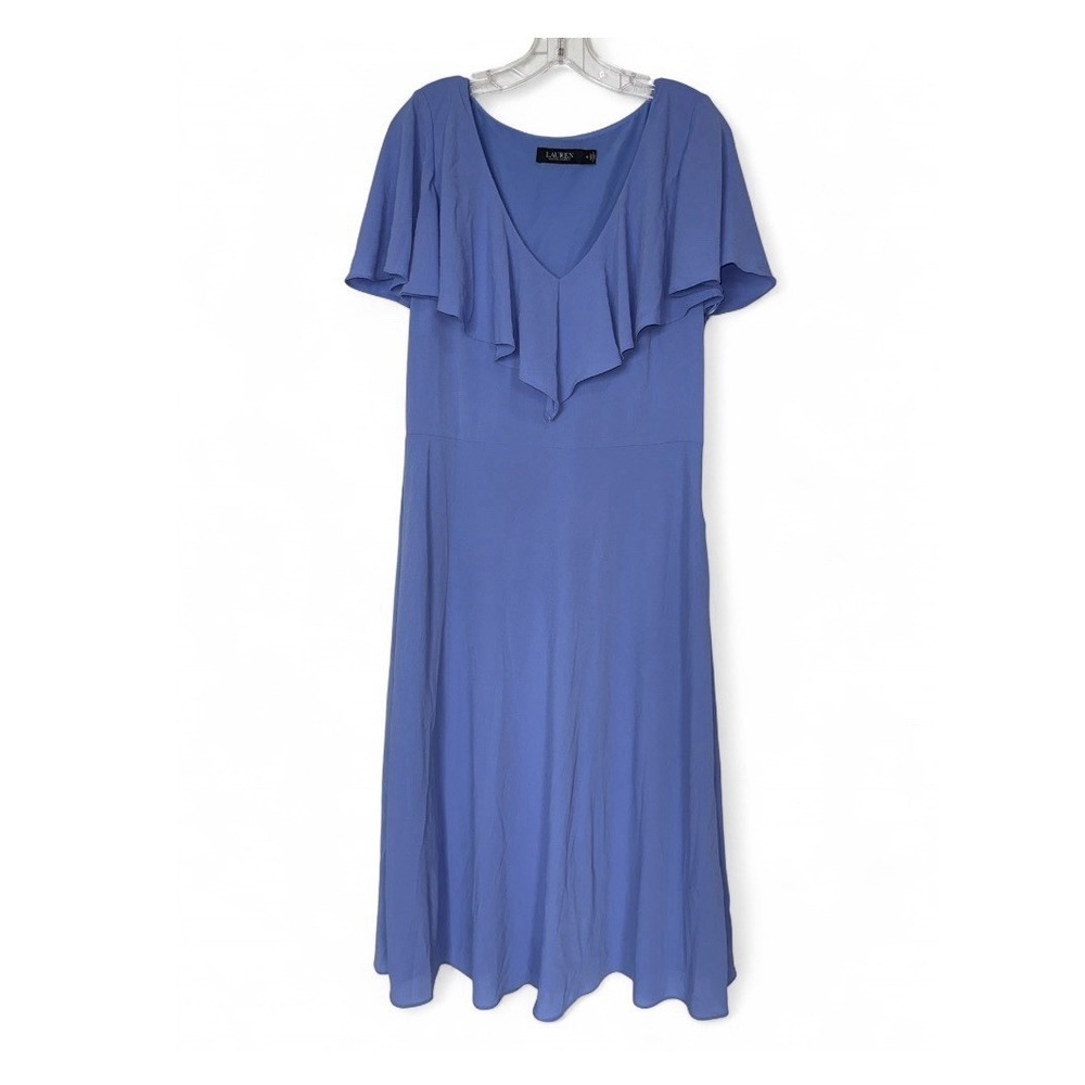 Lauren Ralph Lauren Blue Midi Dress Ruffle V Neck Short Sleeve Size 12 Classic